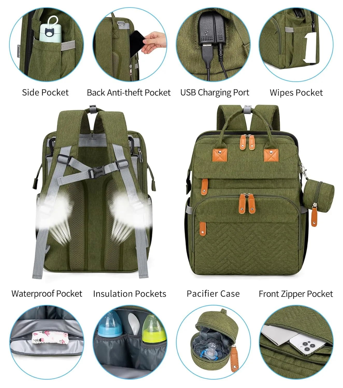 KABAQOO Diaper Bag Backpack, Large Baby Diaper Bags for Boys Girls, Baby Bag with USB Charging Port, Multifunction Waterproof Travel Back Pack for Moms Dads, Army Green