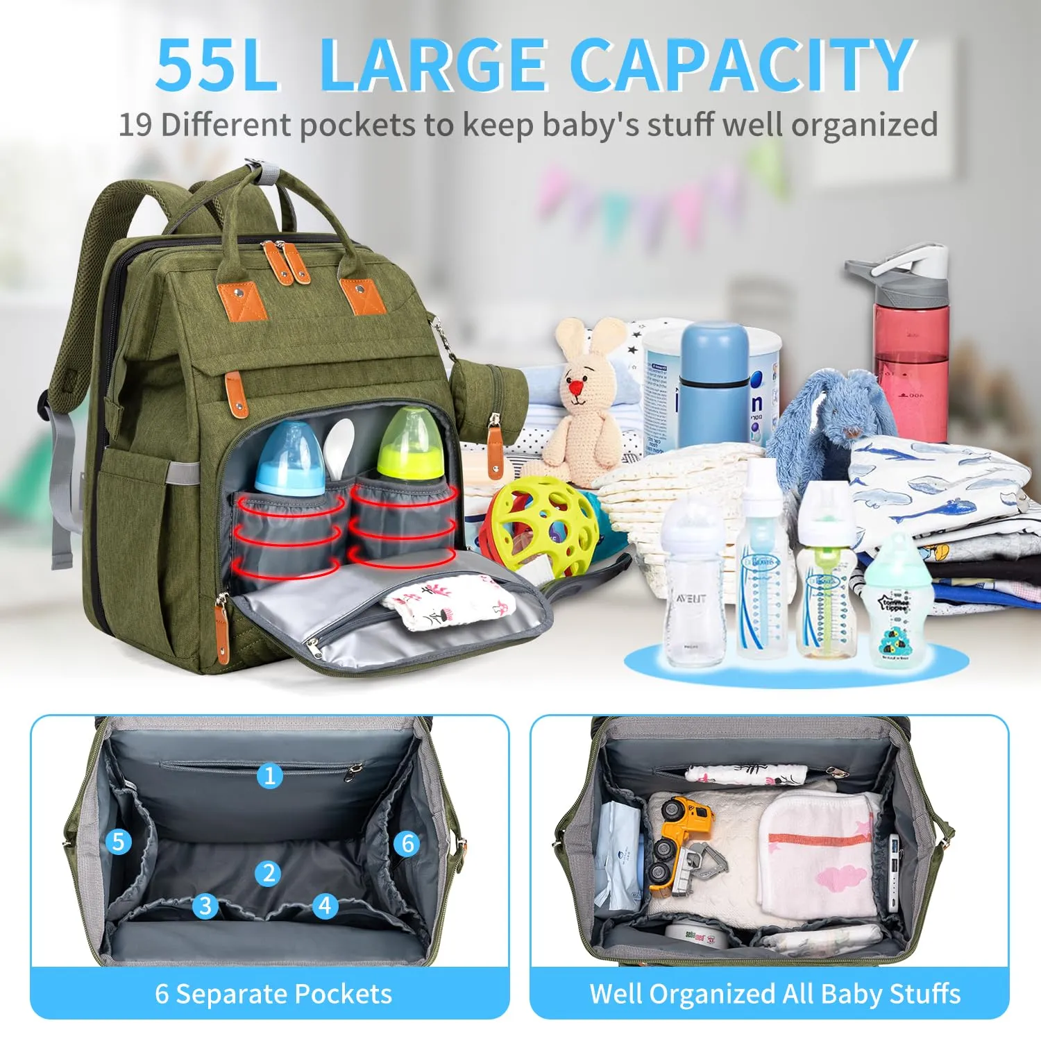 KABAQOO Diaper Bag Backpack, Large Baby Diaper Bags for Boys Girls, Baby Bag with USB Charging Port, Multifunction Waterproof Travel Back Pack for Moms Dads, Army Green