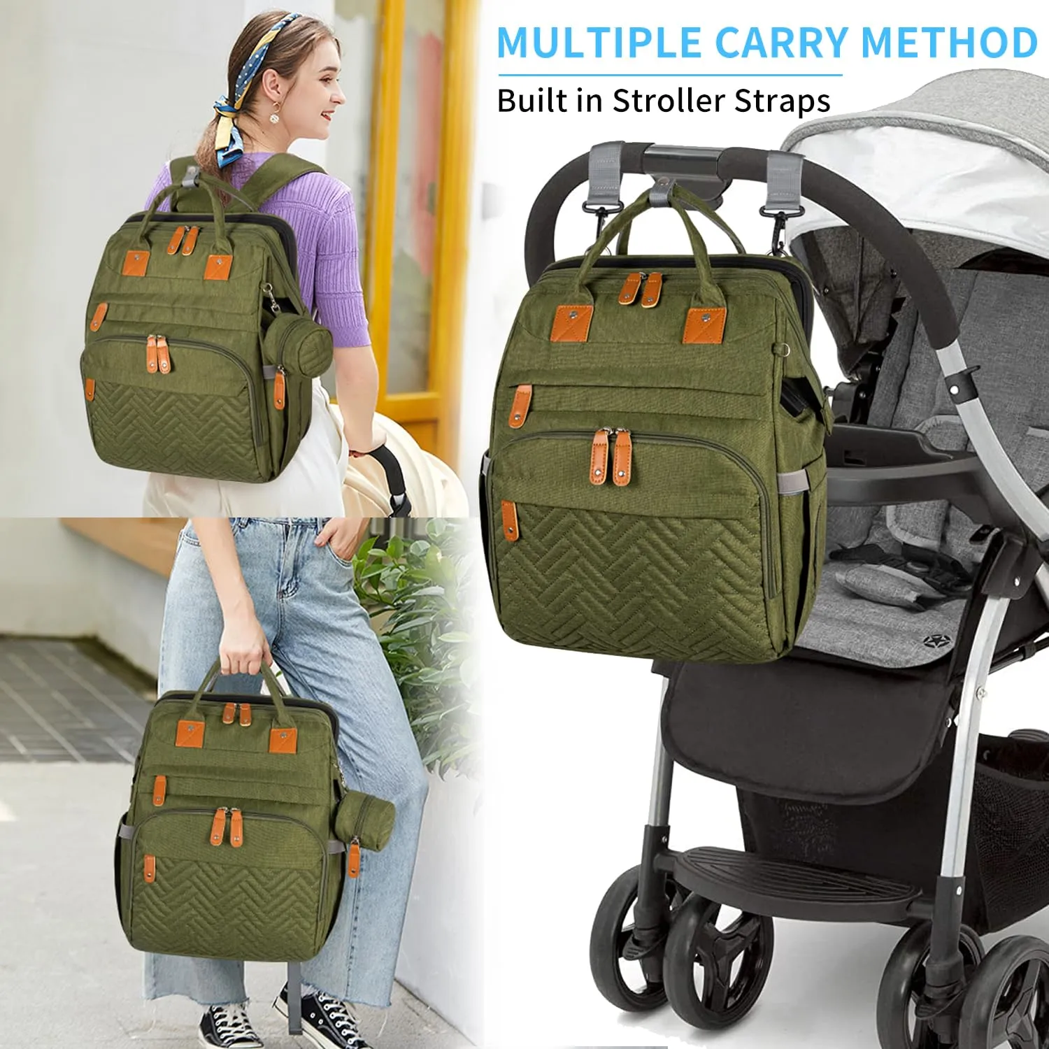 KABAQOO Diaper Bag Backpack, Large Baby Diaper Bags for Boys Girls, Baby Bag with USB Charging Port, Multifunction Waterproof Travel Back Pack for Moms Dads, Army Green