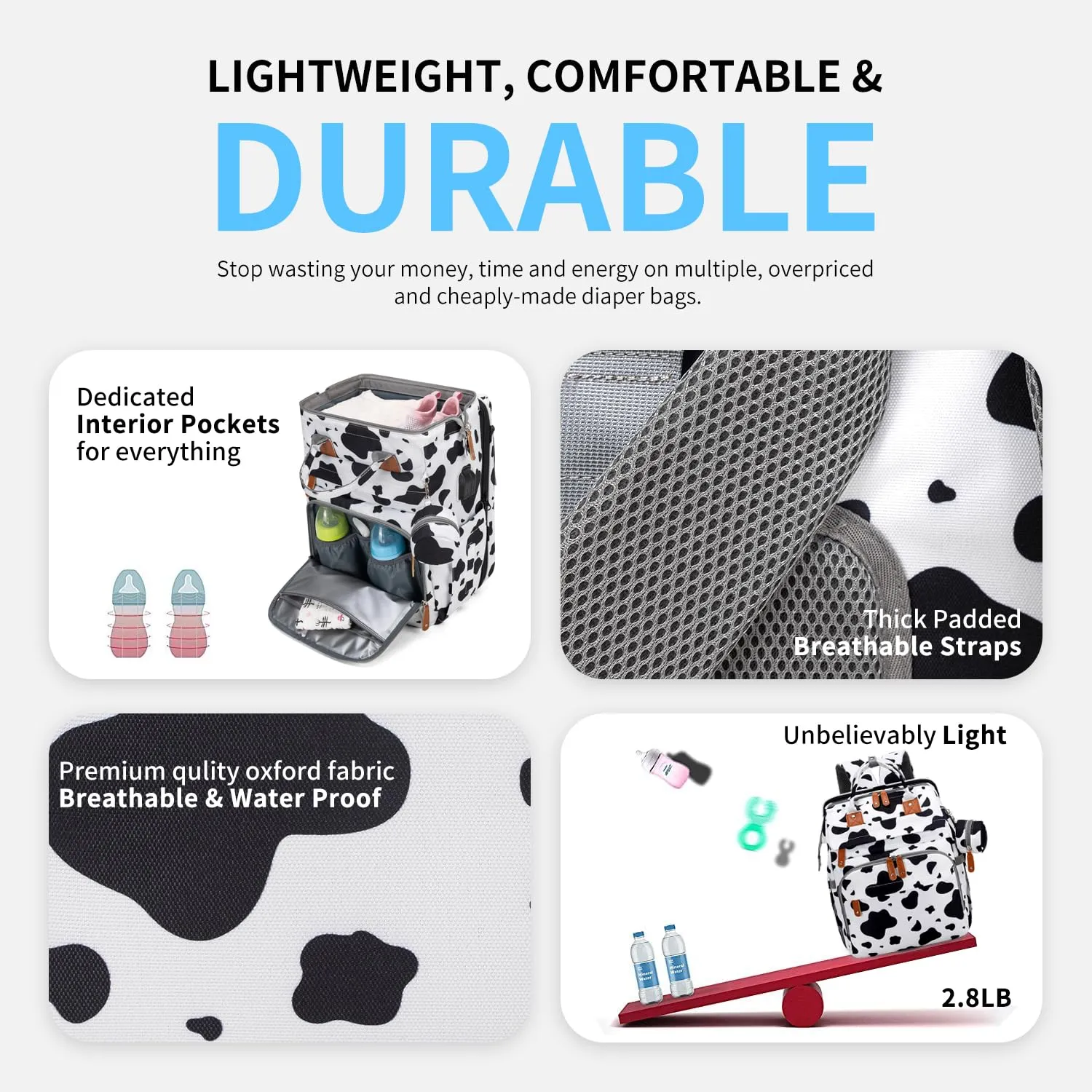 KABAQOO Diaper Bag Backpack with Detachable Changing Station, Large Capacity Baby Diaper Bags for Boys & Girls, Baby Registry Search Stuff & Shower Gifts, Newborn Essentials Must Haves, Cow