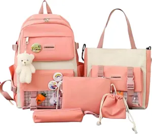 Kawaii 5-piece backpack set, cute school aesthetic schoolbag, youth supplies backpack set and accessories (Pink Schoolbag5, 16.5x 12.2x 5.5 inch)