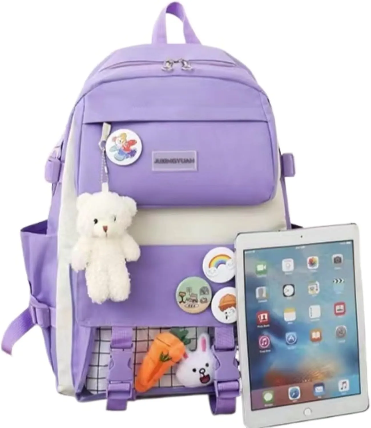 Kawaii 5-piece backpack set, cute school aesthetic schoolbag, youth supplies backpack set and accessories (Pink Schoolbag5, 16.5x 12.2x 5.5 inch)