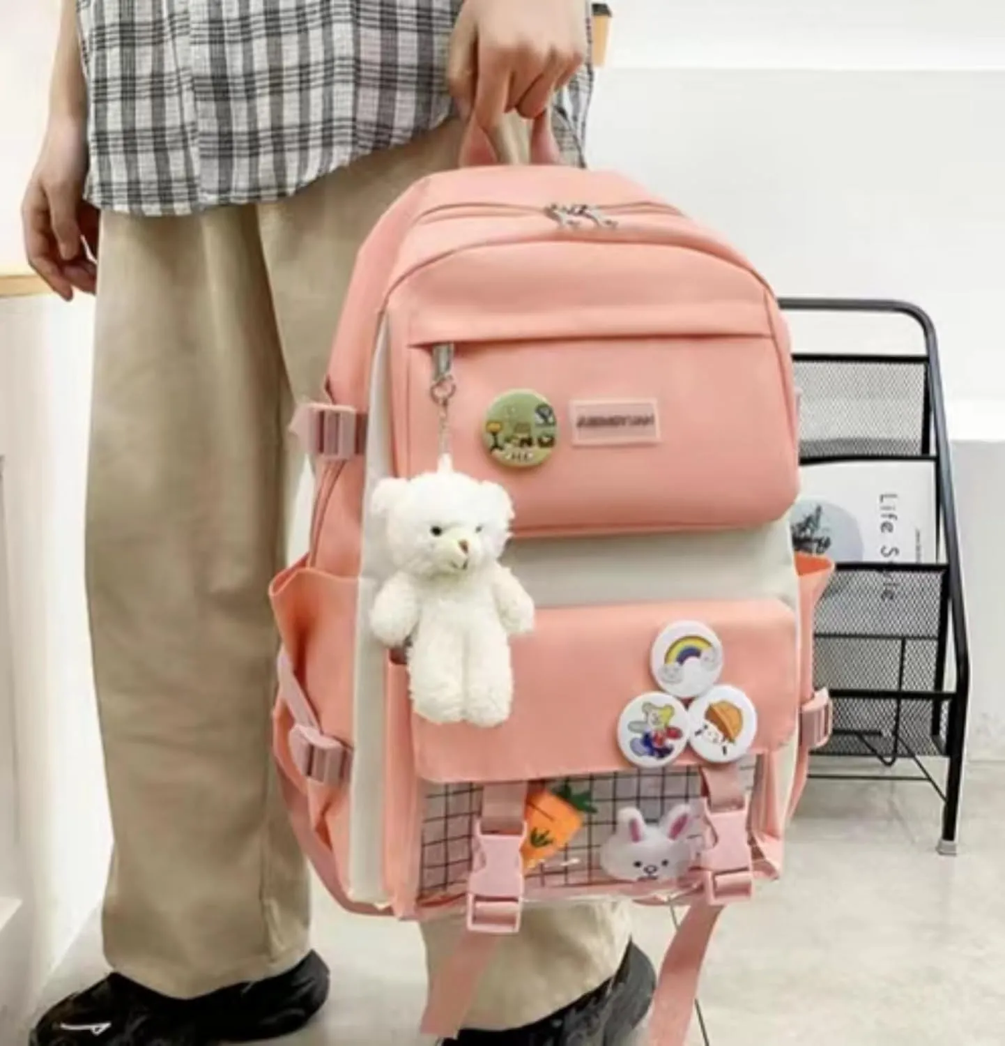 Kawaii 5-piece backpack set, cute school aesthetic schoolbag, youth supplies backpack set and accessories (Pink Schoolbag5, 16.5x 12.2x 5.5 inch)