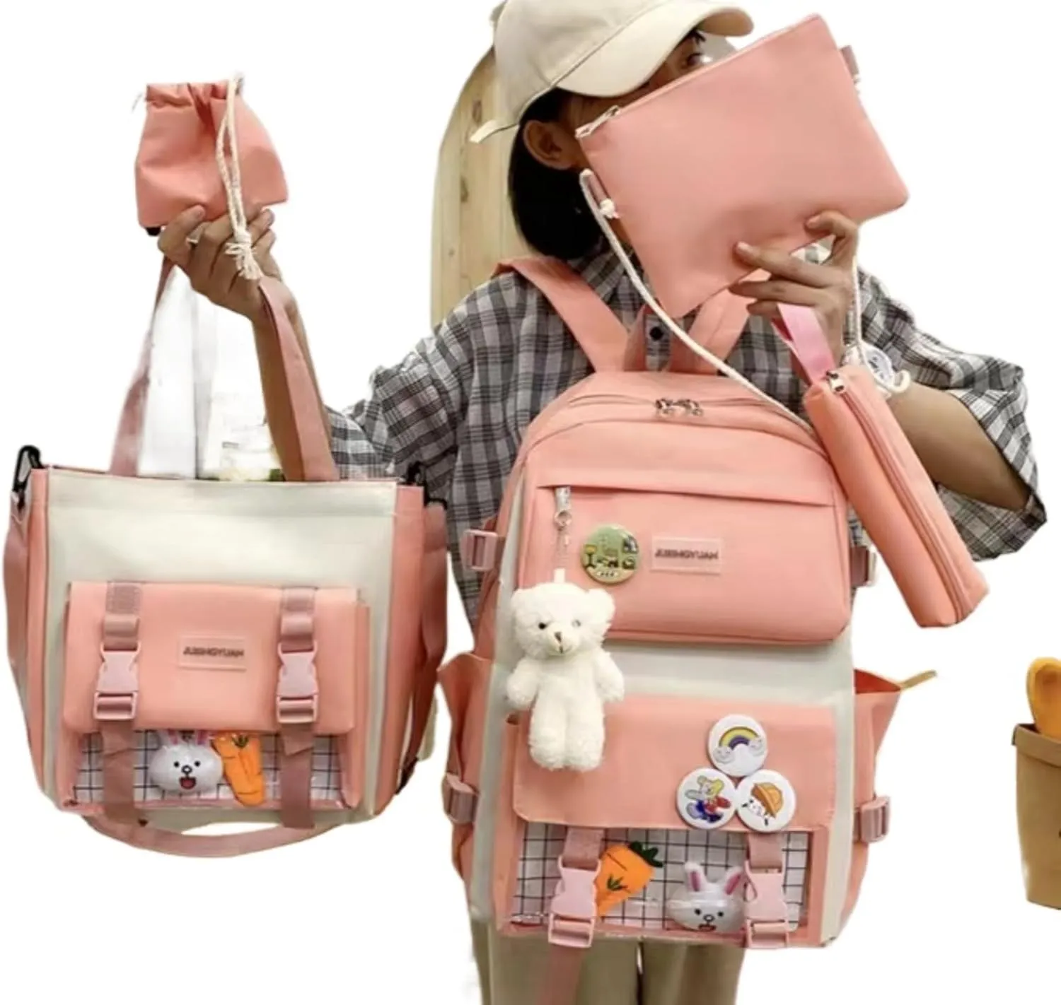 Kawaii 5-piece backpack set, cute school aesthetic schoolbag, youth supplies backpack set and accessories (Pink Schoolbag5, 16.5x 12.2x 5.5 inch)