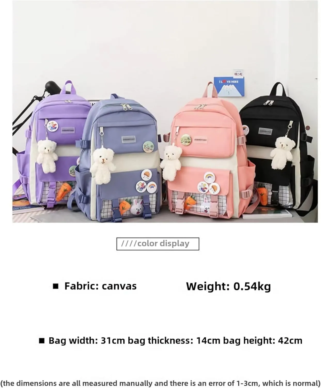 Kawaii 5-piece backpack set, cute school aesthetic schoolbag, youth supplies backpack set and accessories (Pink Schoolbag5, 16.5x 12.2x 5.5 inch)