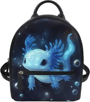 Kawaii Axolotl Mini Backpack Purse for Women Leather Shoulder Bag with Zipper Cute Small Backpack for Girls Kawaii School Bookbag Casual Daypack Travel Satchel