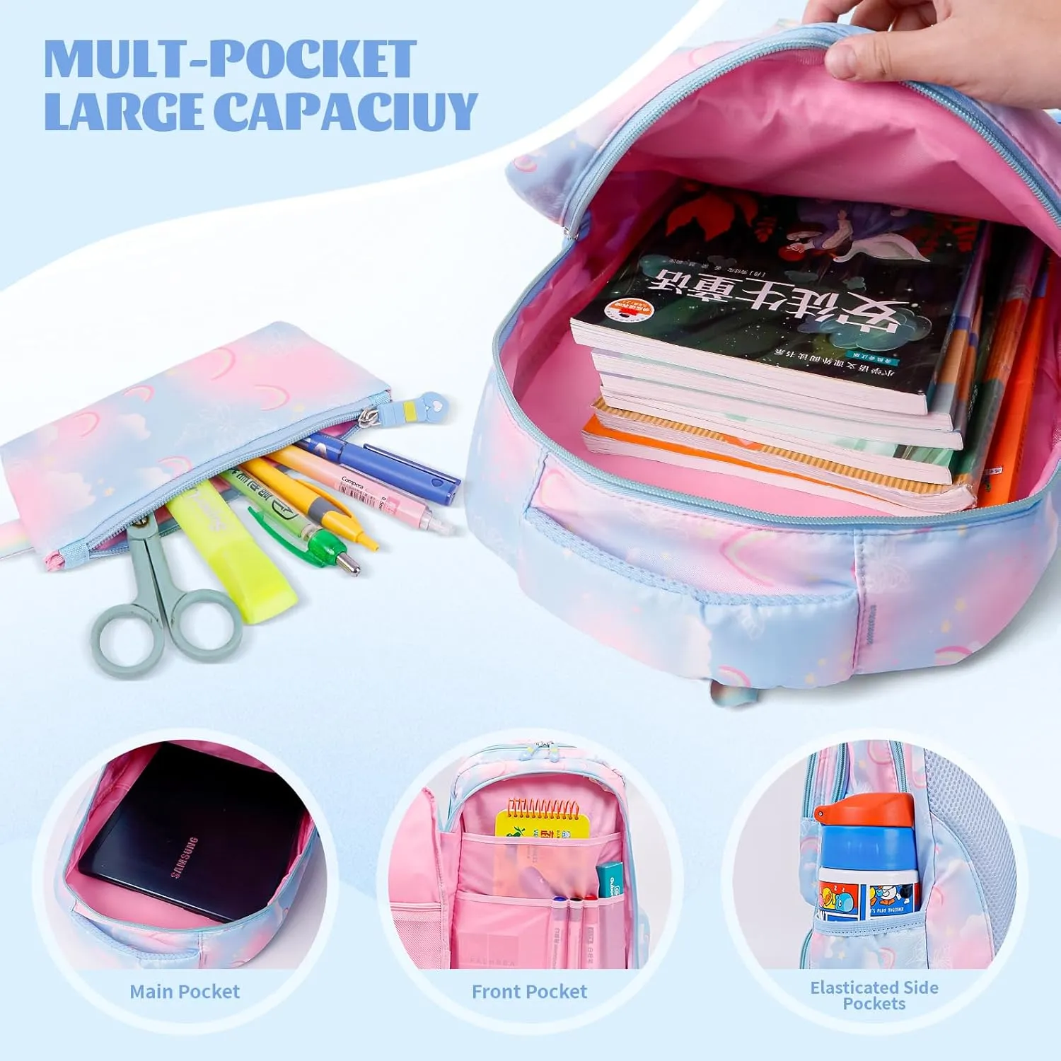 Kawaii Backpack Starry Rainbow Bookbag For Boy Girl