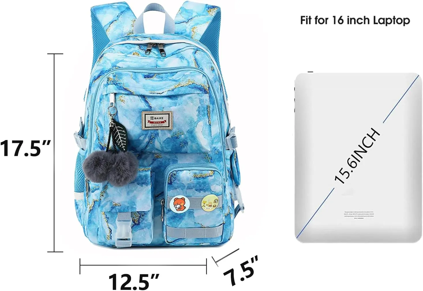 Kawaii Girls Backpack for Kids Teens Cute Laptop Bookbag for College Middle High Elementary School Student with Lunch Box, Blue
