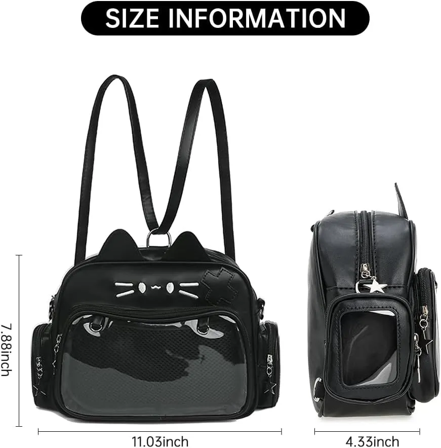 Kawaii Ita Bag,Cute Cat Pin Display Bag Women Backpacks PU Leather Tote Bag with Inserts Y2K Shoulder Crossbody Bag (SILVER)