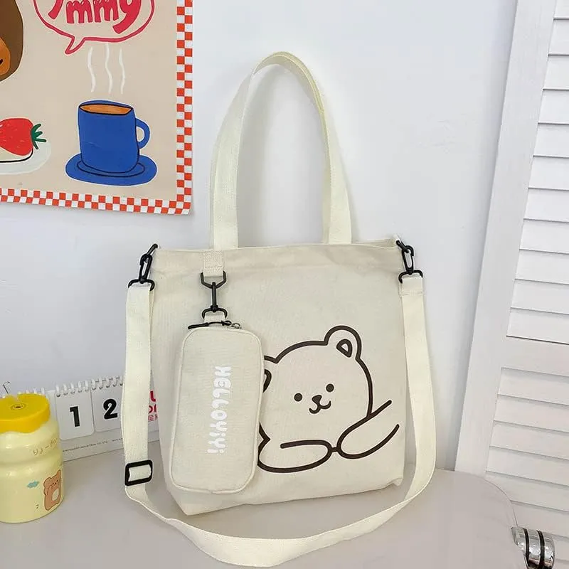 Kawaii School Crossbody Bag Handbags Tote Bag Cute Canvas Shoulder Bag for Teen Girls Preppy Japanese Aesthetic