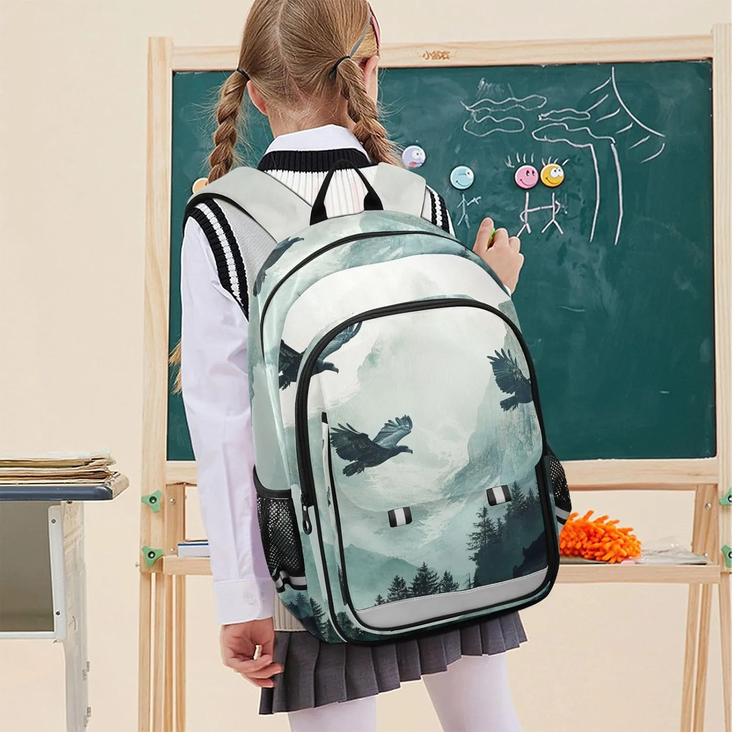 Kids Backpacks for Girls Boys Teens Elementary School Backpack Bookbag for Outdoor Travel Bald Eagle Mountains Green