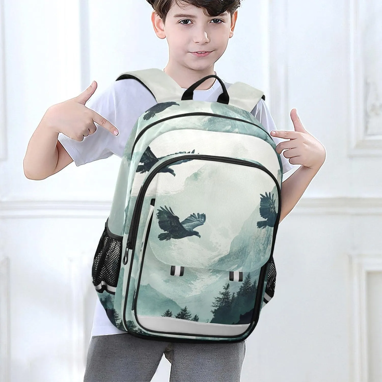 Kids Backpacks for Girls Boys Teens Elementary School Backpack Bookbag for Outdoor Travel Bald Eagle Mountains Green