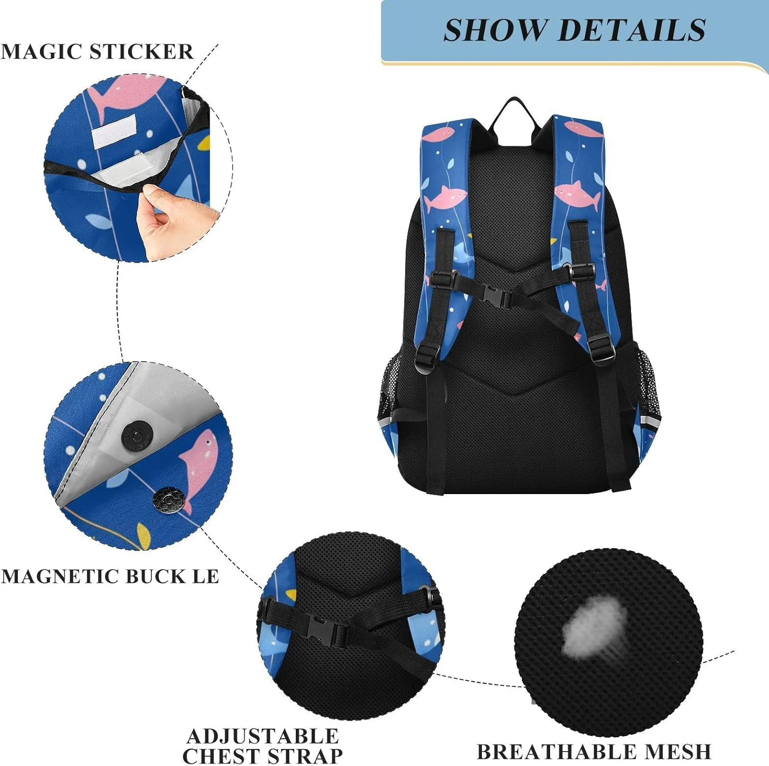 Kids Backpacks for Girls Boys Teens Elementary School Backpack Bookbag for Outdoor Travel Cartoon Sharks Blue