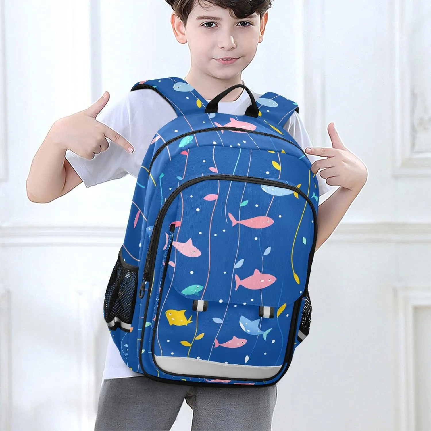 Kids Backpacks for Girls Boys Teens Elementary School Backpack Bookbag for Outdoor Travel Cartoon Sharks Blue