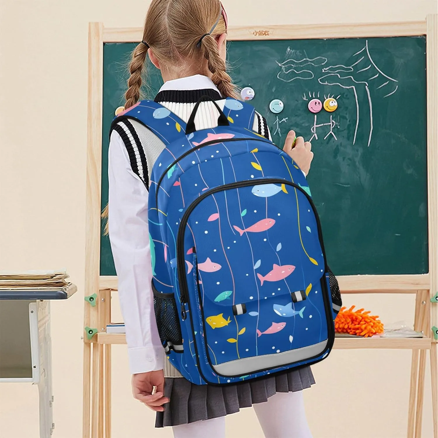 Kids Backpacks for Girls Boys Teens Elementary School Backpack Bookbag for Outdoor Travel Cartoon Sharks Blue