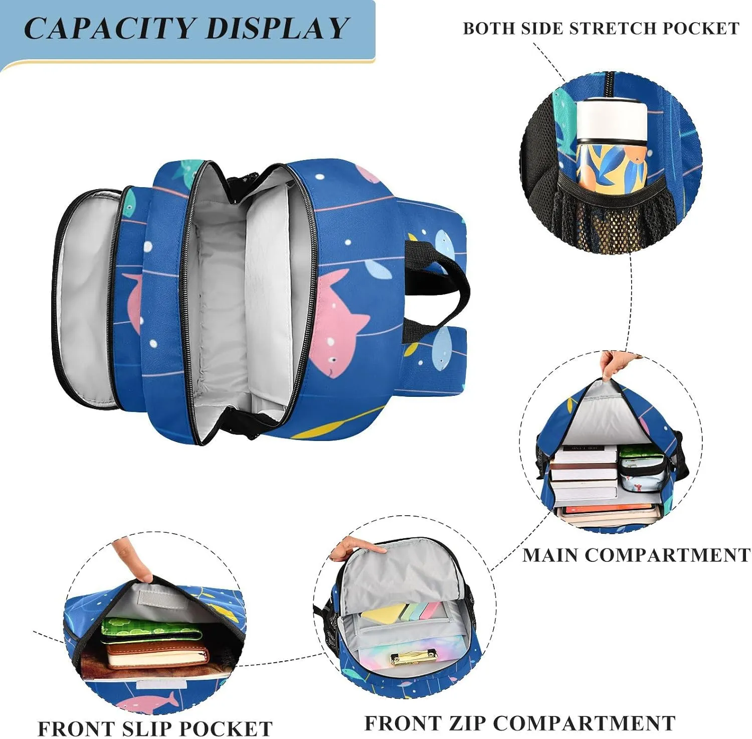Kids Backpacks for Girls Boys Teens Elementary School Backpack Bookbag for Outdoor Travel Cartoon Sharks Blue