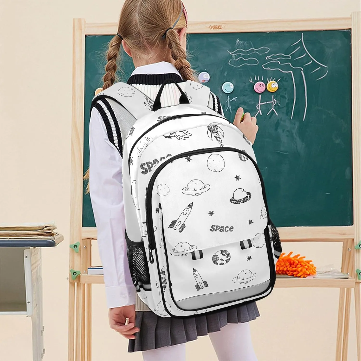 Kids Backpacks for Girls Boys Teens Elementary School Backpack Bookbag for Outdoor Travel Cartoon Spaceship and Planet White