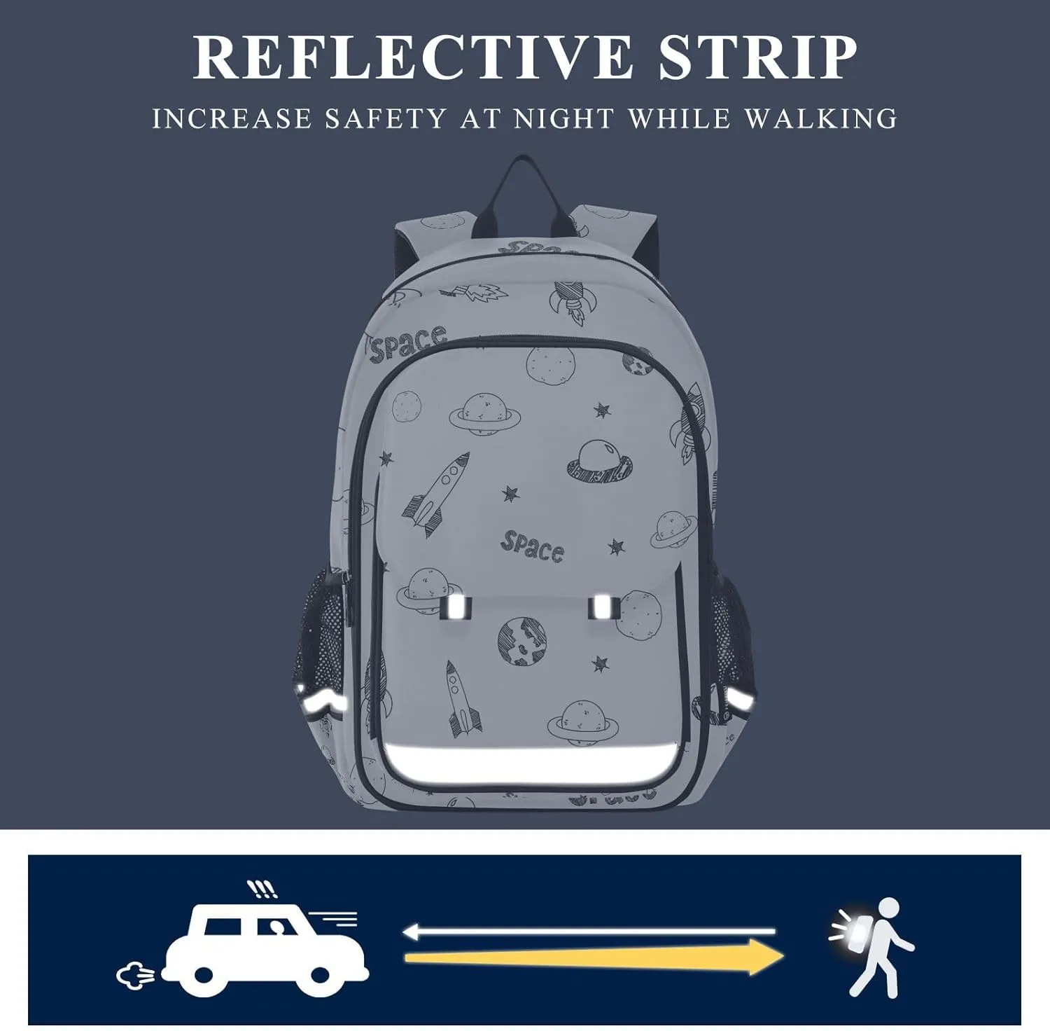 Kids Backpacks for Girls Boys Teens Elementary School Backpack Bookbag for Outdoor Travel Cartoon Spaceship and Planet White