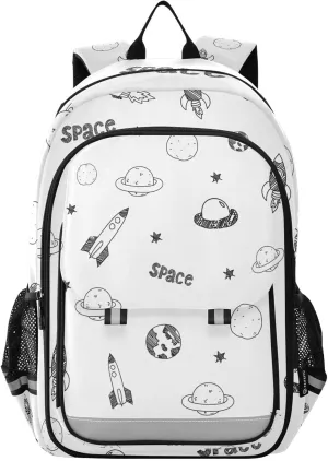 Kids Backpacks for Girls Boys Teens Elementary School Backpack Bookbag for Outdoor Travel Cartoon Spaceship and Planet White
