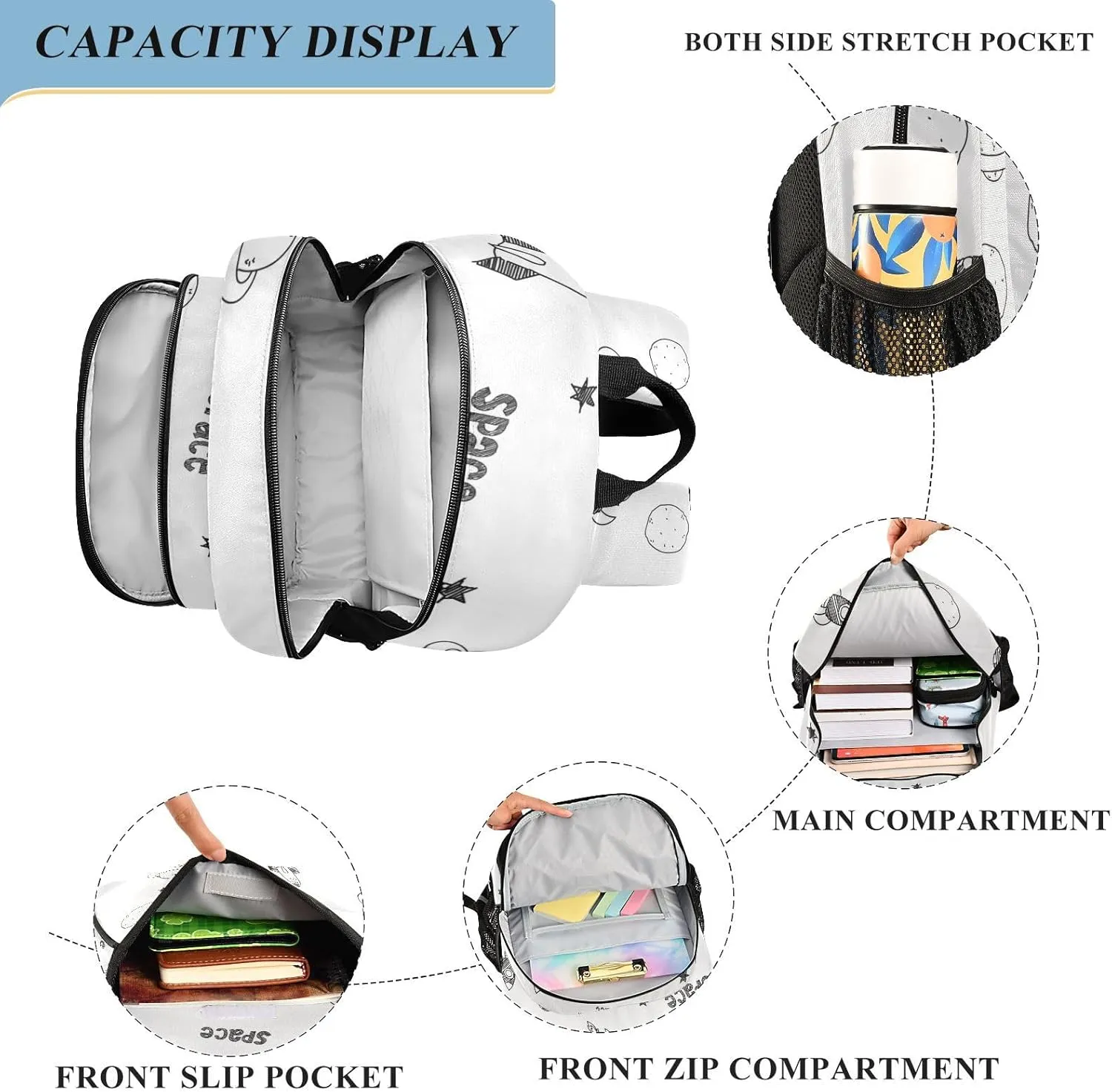 Kids Backpacks for Girls Boys Teens Elementary School Backpack Bookbag for Outdoor Travel Cartoon Spaceship and Planet White