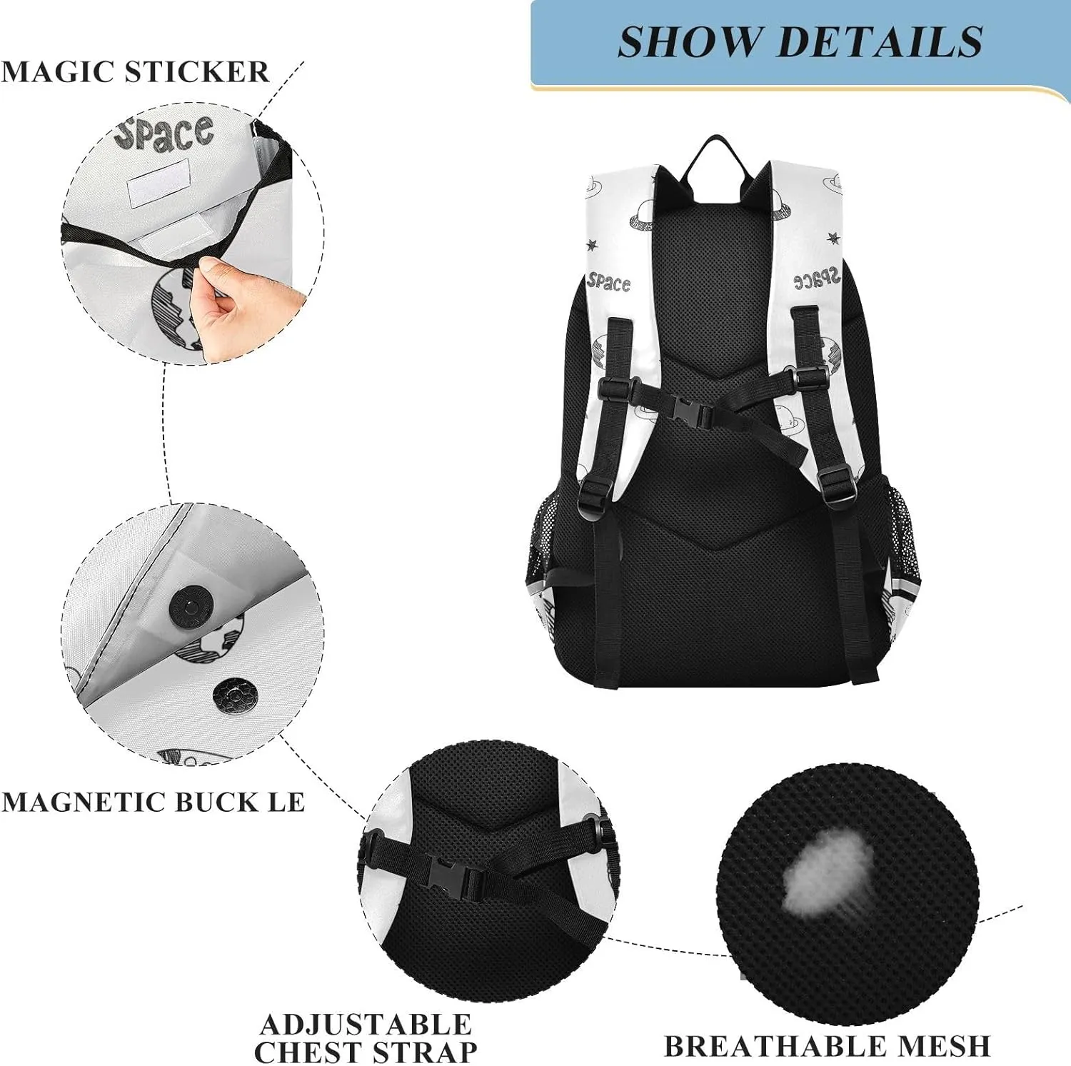 Kids Backpacks for Girls Boys Teens Elementary School Backpack Bookbag for Outdoor Travel Cartoon Spaceship and Planet White