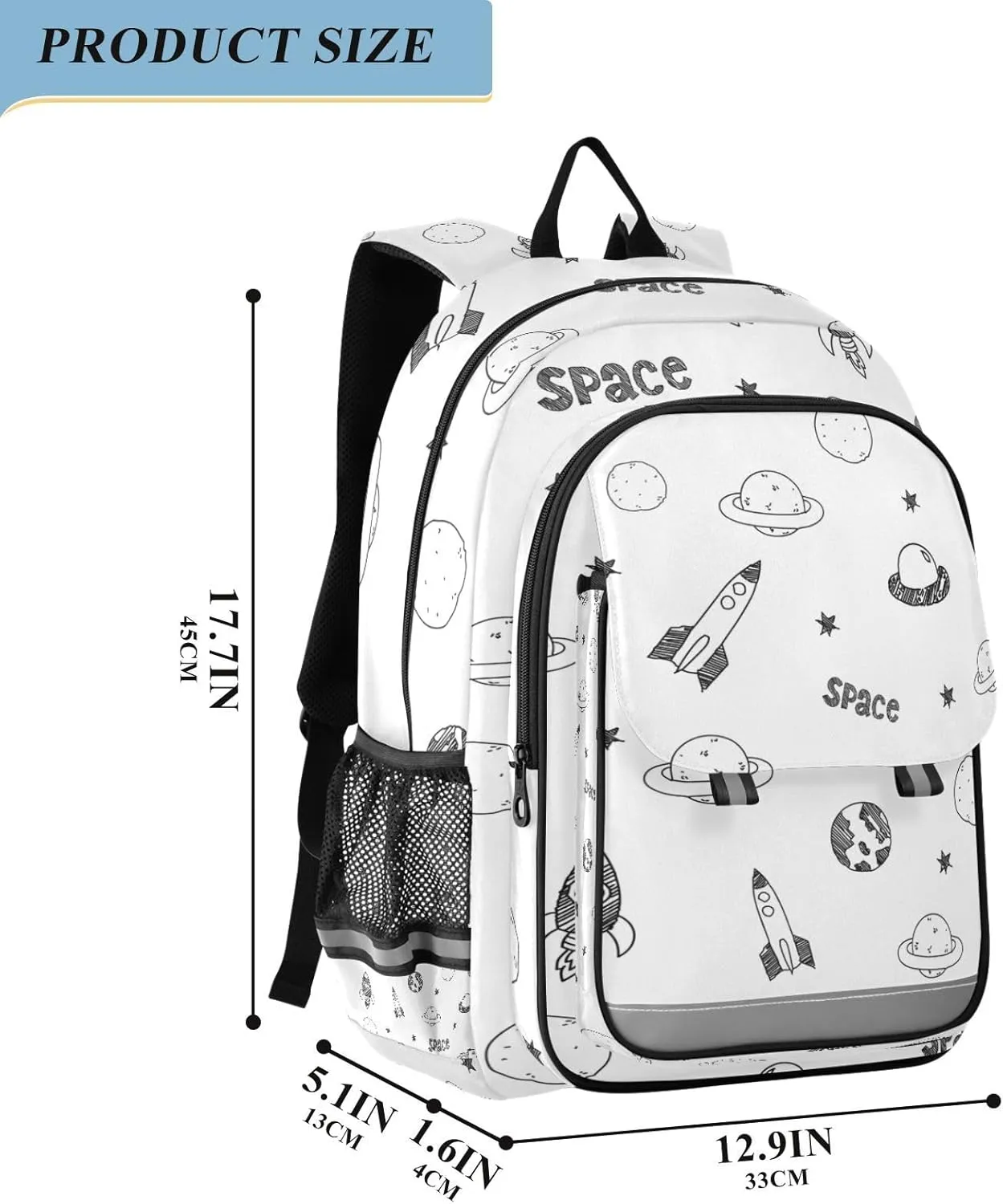 Kids Backpacks for Girls Boys Teens Elementary School Backpack Bookbag for Outdoor Travel Cartoon Spaceship and Planet White