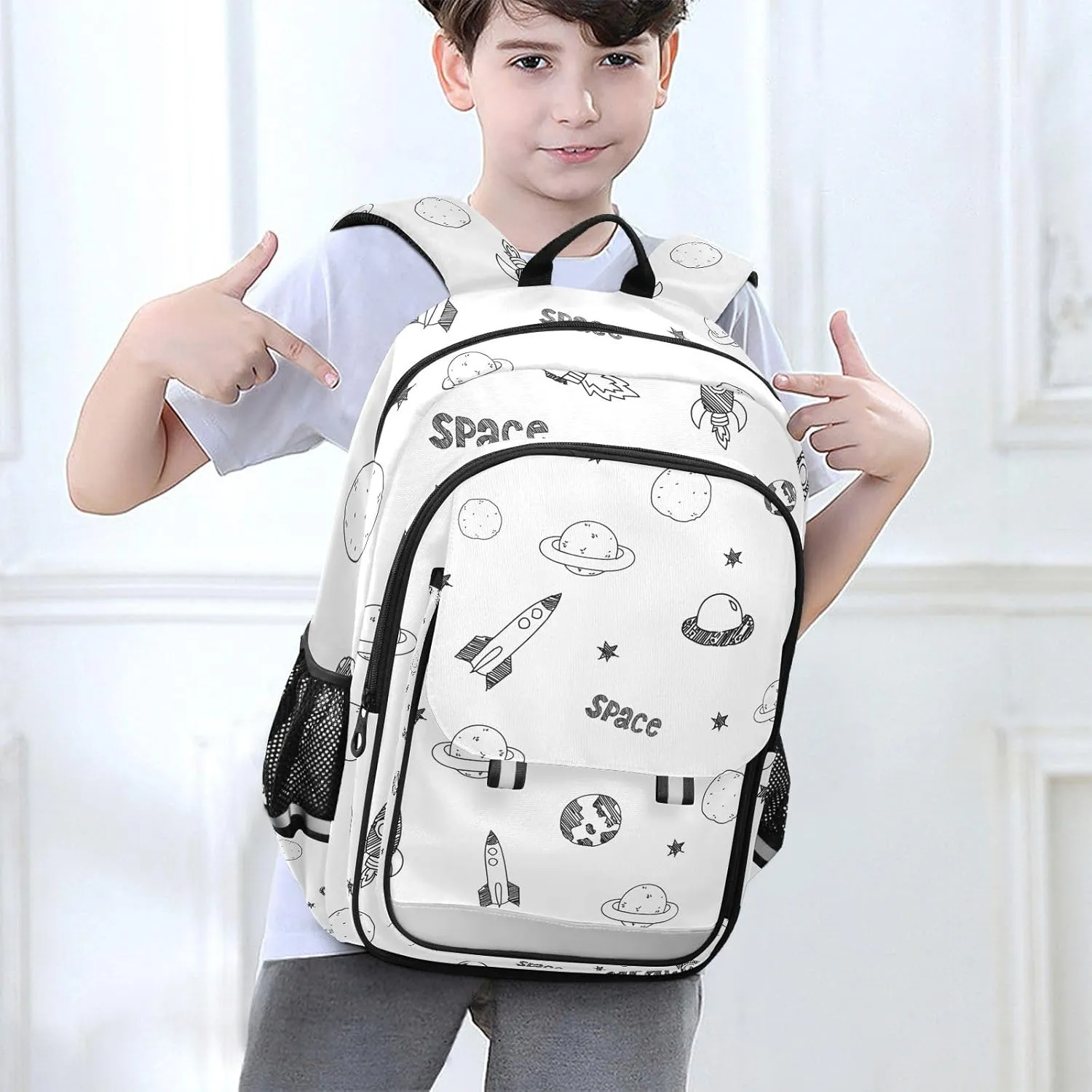 Kids Backpacks for Girls Boys Teens Elementary School Backpack Bookbag for Outdoor Travel Cartoon Spaceship and Planet White