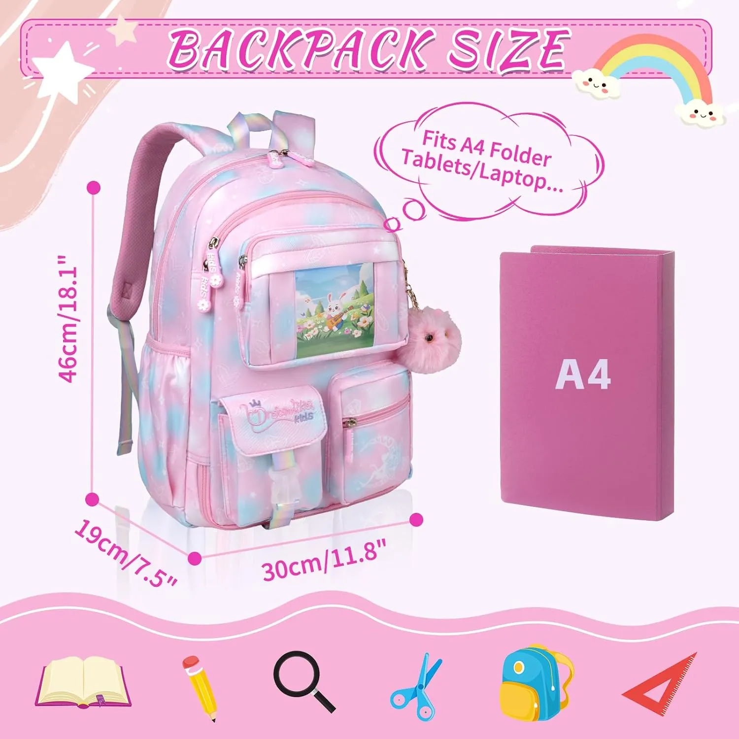 Kids Backpacks For Girls - Multiple Pockets Backpack - Kawaii Bookbag For Primary Elementary High School