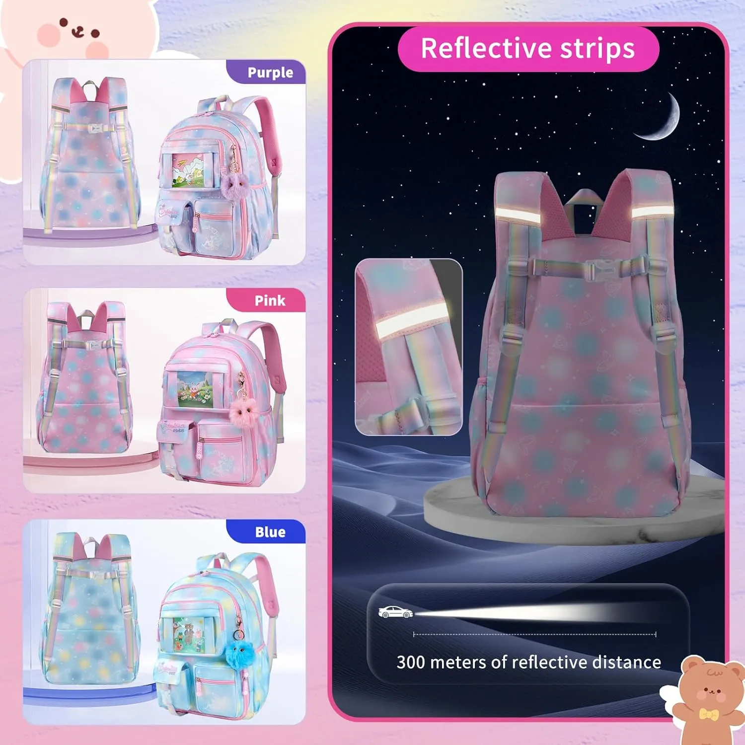 Kids Backpacks For Girls - Multiple Pockets Backpack - Kawaii Bookbag For Primary Elementary High School