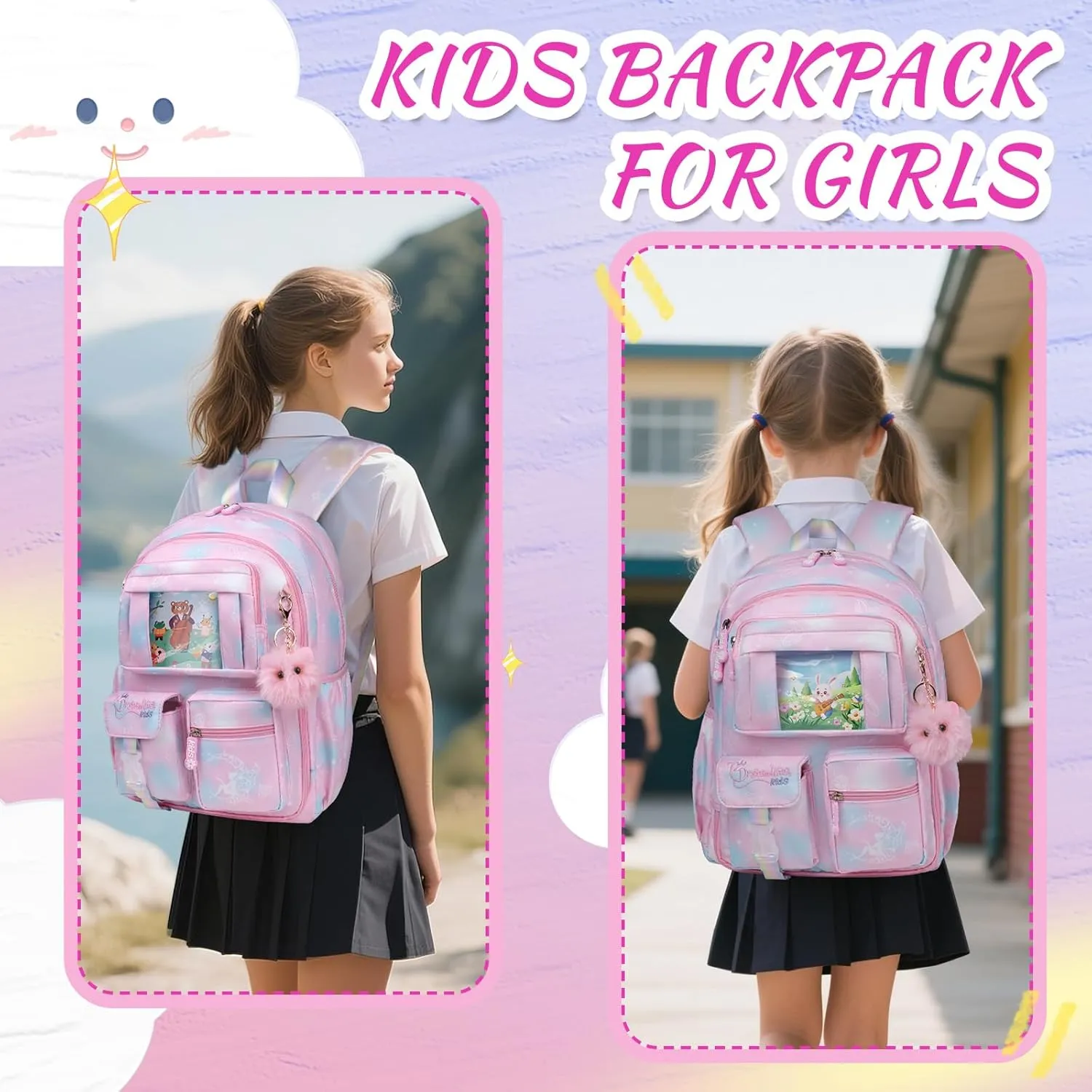 Kids Backpacks For Girls - Multiple Pockets Backpack - Kawaii Bookbag For Primary Elementary High School
