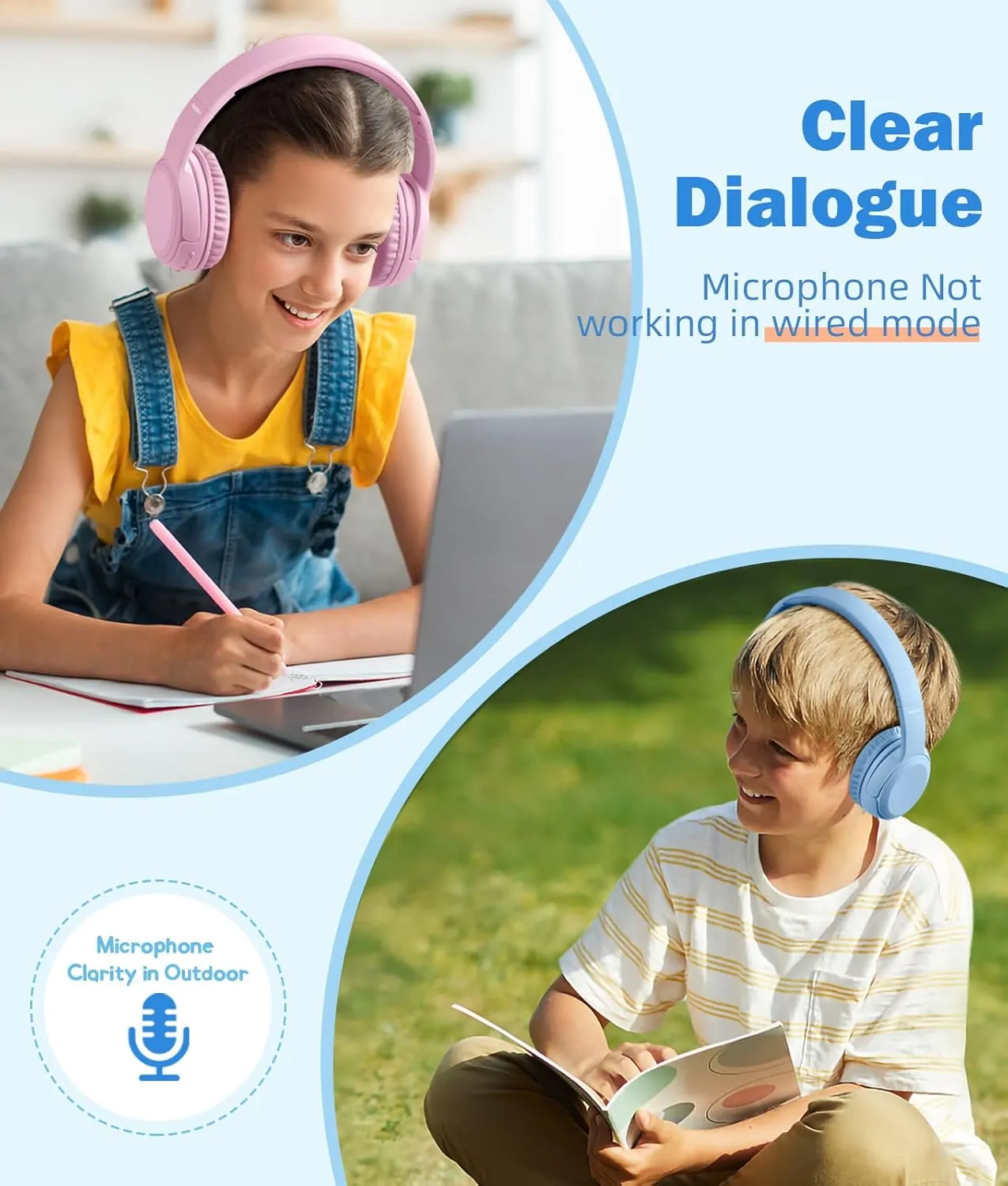 Kids Headphones, Over-Ear Headphones Bluetooth Wireless Kids with Mic, 85/93dB Volume Limited, Stereo Sound, Wired Inline AUX Cord Headphones for Children Boy Girl Teens, Blue