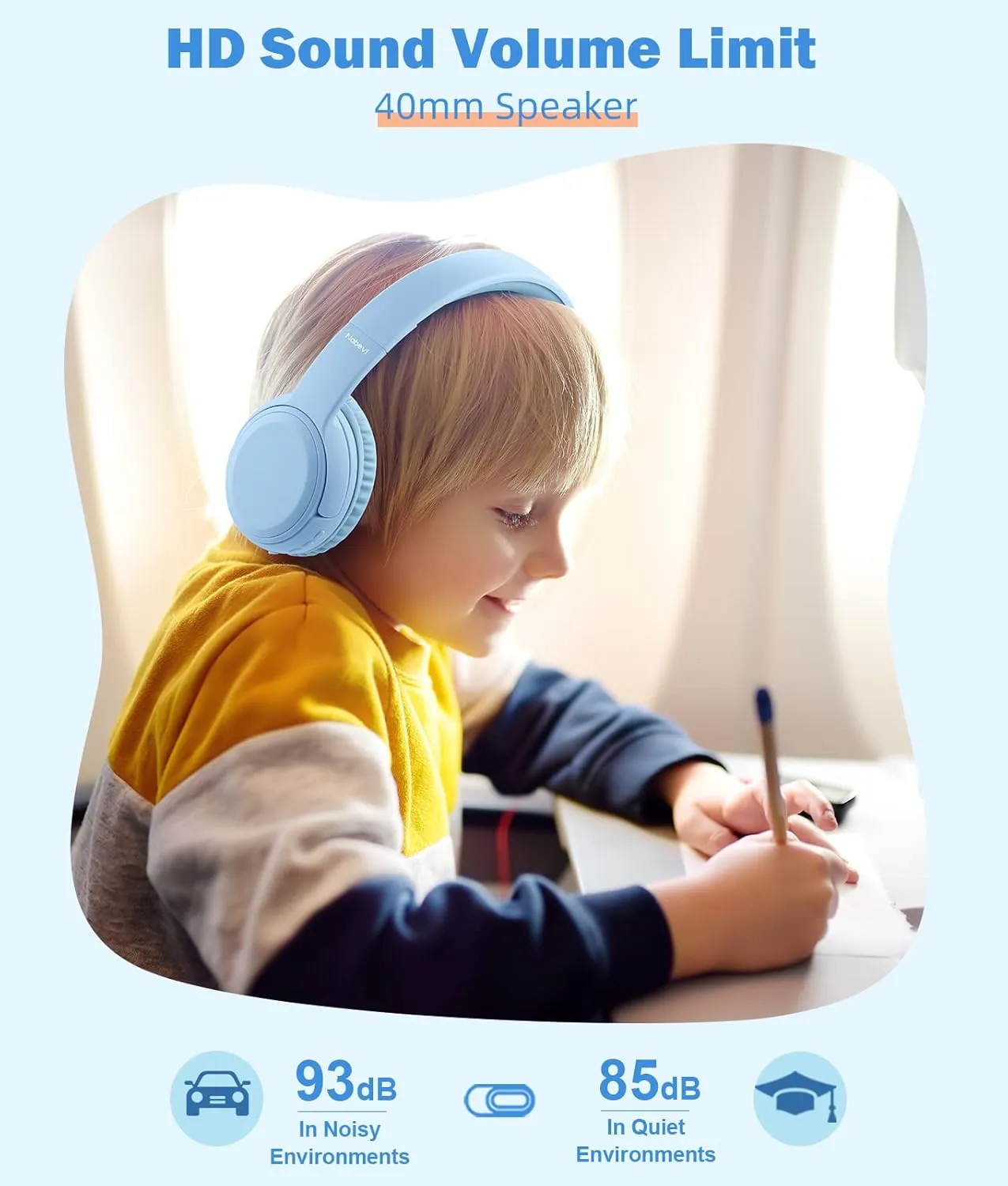 Kids Headphones, Over-Ear Headphones Bluetooth Wireless Kids with Mic, 85/93dB Volume Limited, Stereo Sound, Wired Inline AUX Cord Headphones for Children Boy Girl Teens, Blue