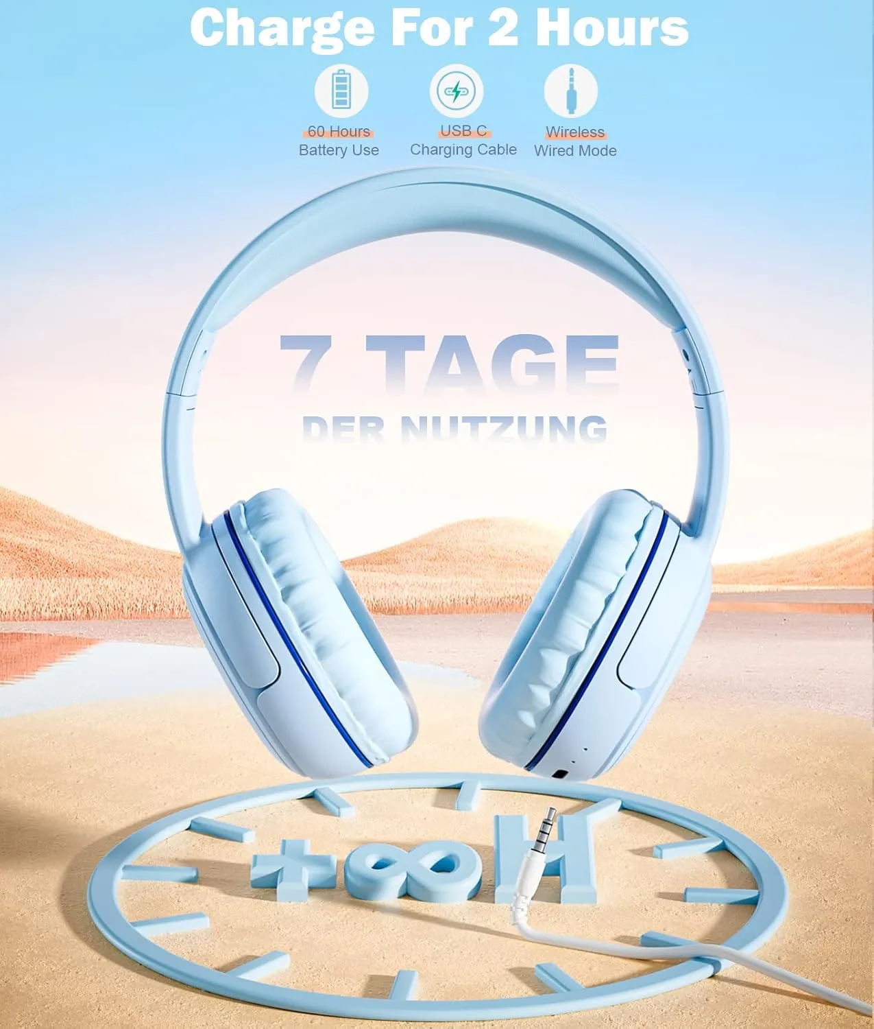 Kids Headphones, Over-Ear Headphones Bluetooth Wireless Kids with Mic, 85/93dB Volume Limited, Stereo Sound, Wired Inline AUX Cord Headphones for Children Boy Girl Teens, Blue