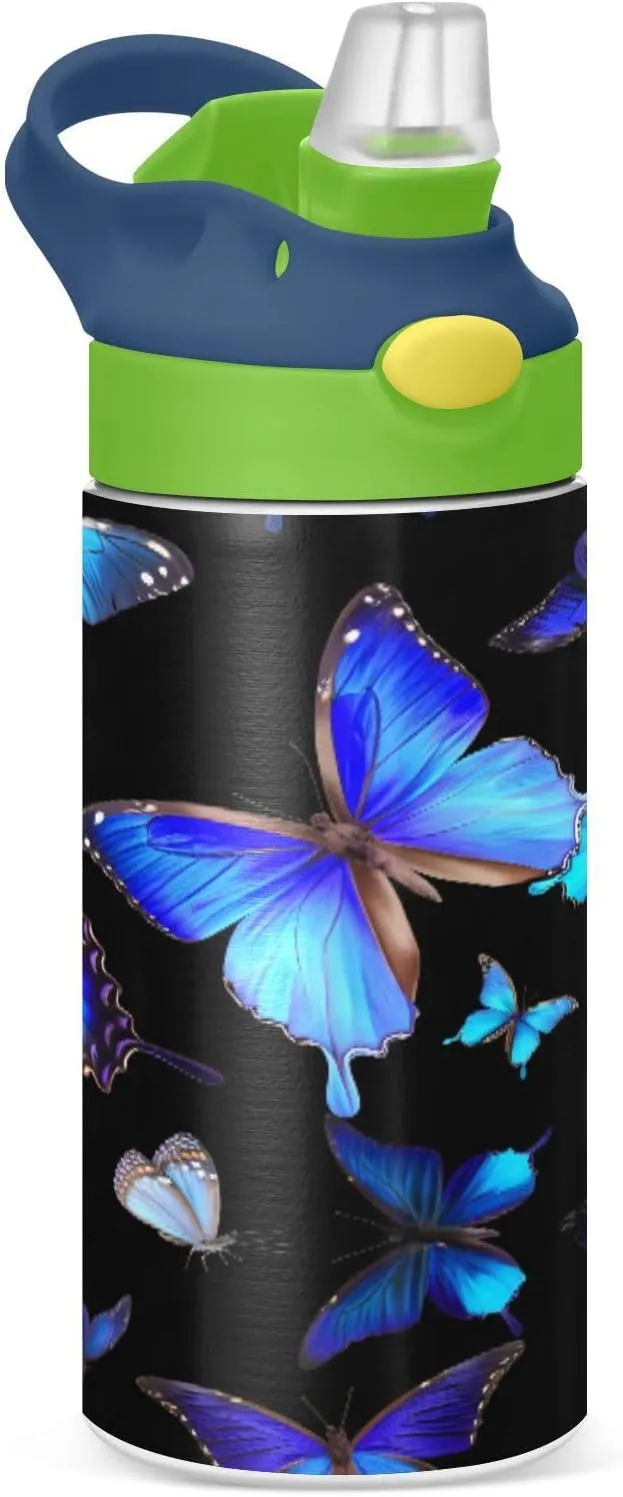 Kigai Midnight Flutter Kids Water Bottle, Stainless Steel Vacuum Insulated Water Bottle with Straw Lid, Leak-Proof Sport Bottle for School or Travel, 12 oz