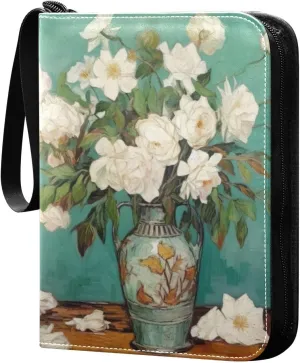 Kigai White Flower Painting Card Binder - 400 Pockets Card Holder with 50 Sleeves, Trading Card Album Folder for Boys Girls