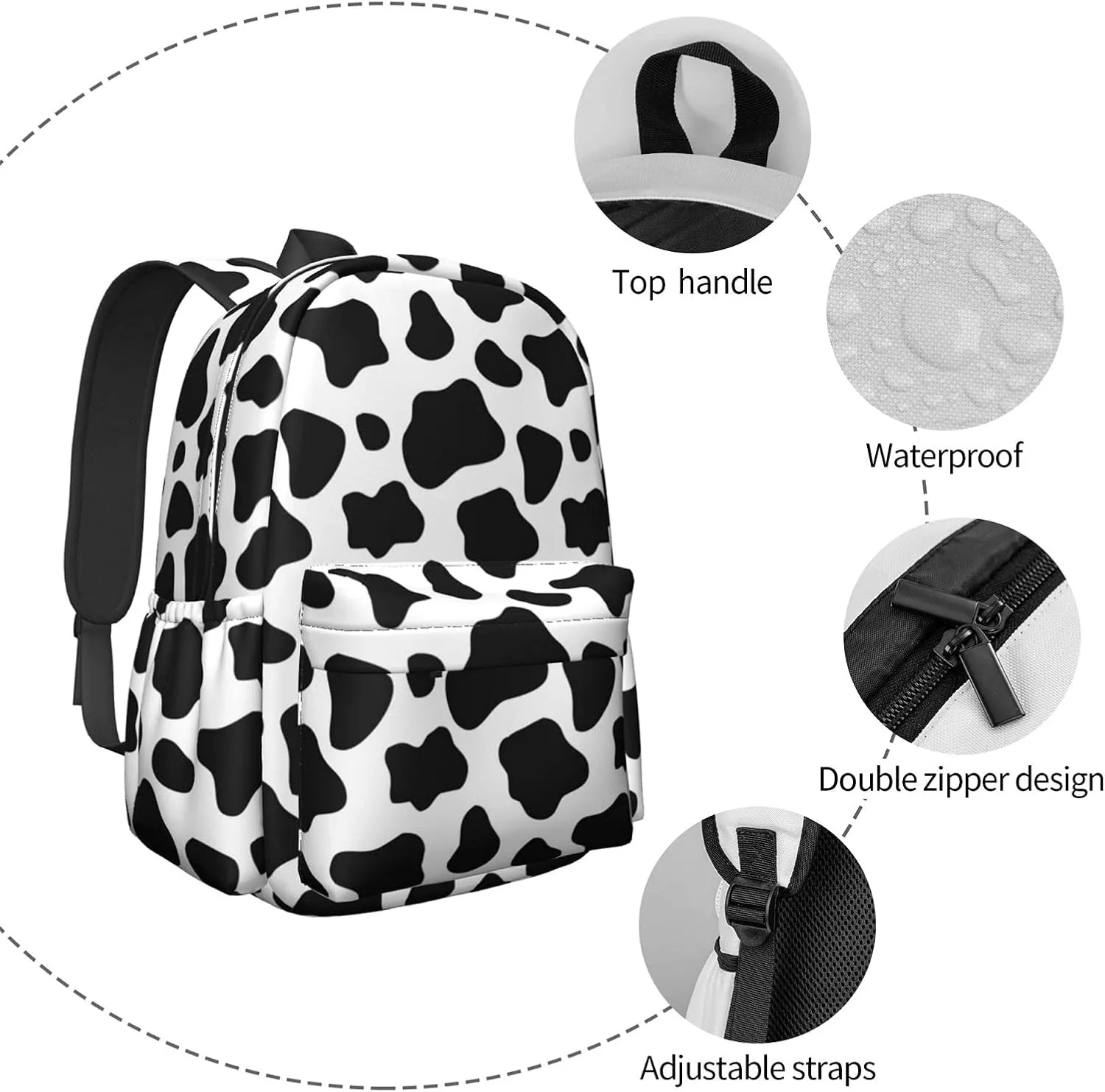 KiuLoam 17 Inch Backpack Black And White Cow Print Laptop Backpack Shoulder Bag School Bookbag Casual Daypack