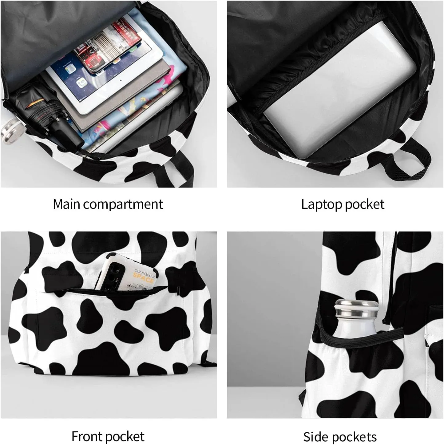 KiuLoam 17 Inch Backpack Black And White Cow Print Laptop Backpack Shoulder Bag School Bookbag Casual Daypack
