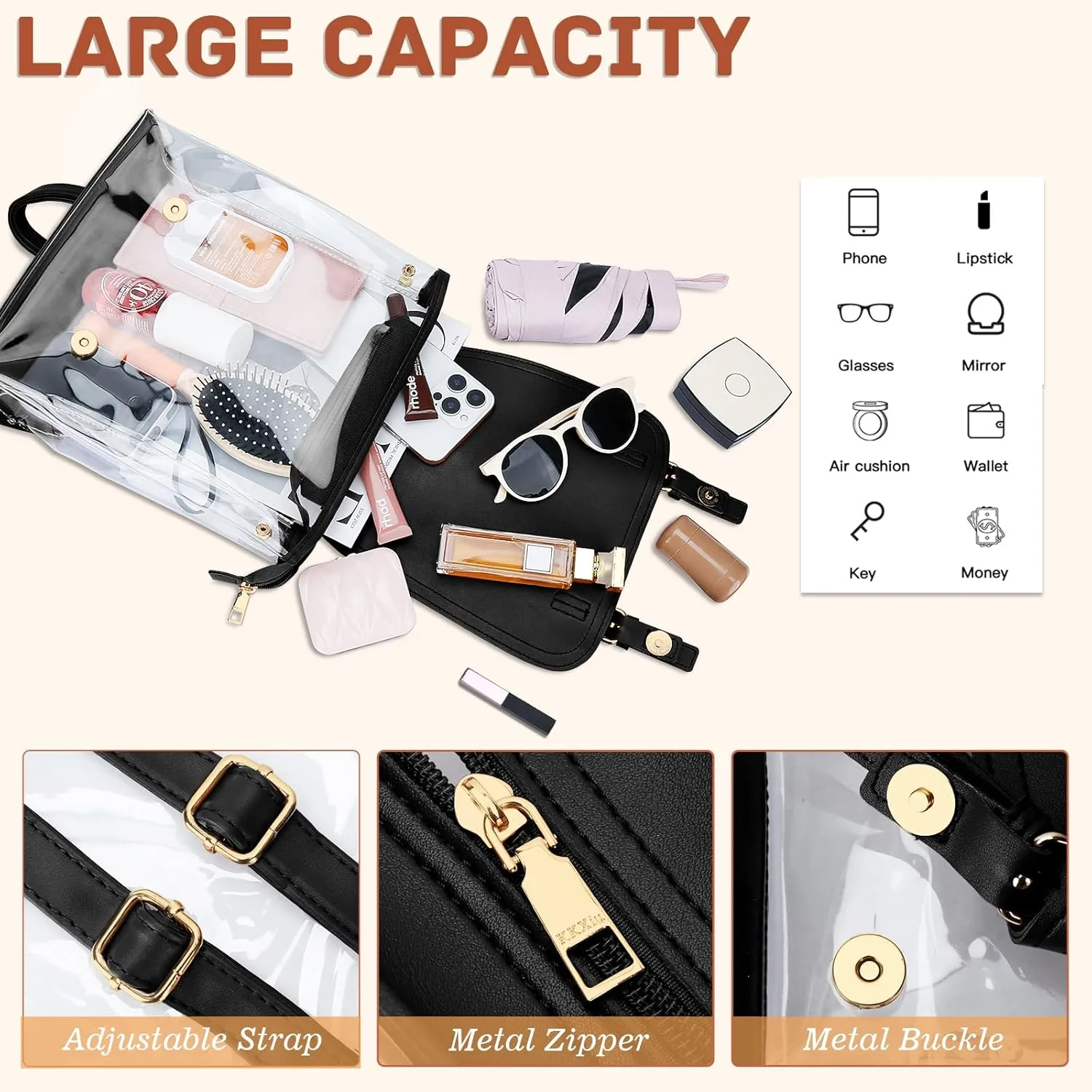 KKXIU Girls Clear Backpack Stadium Approved Transparent PVC Women Clear Bookbag with Leather for Sports Event, Concert (Black)