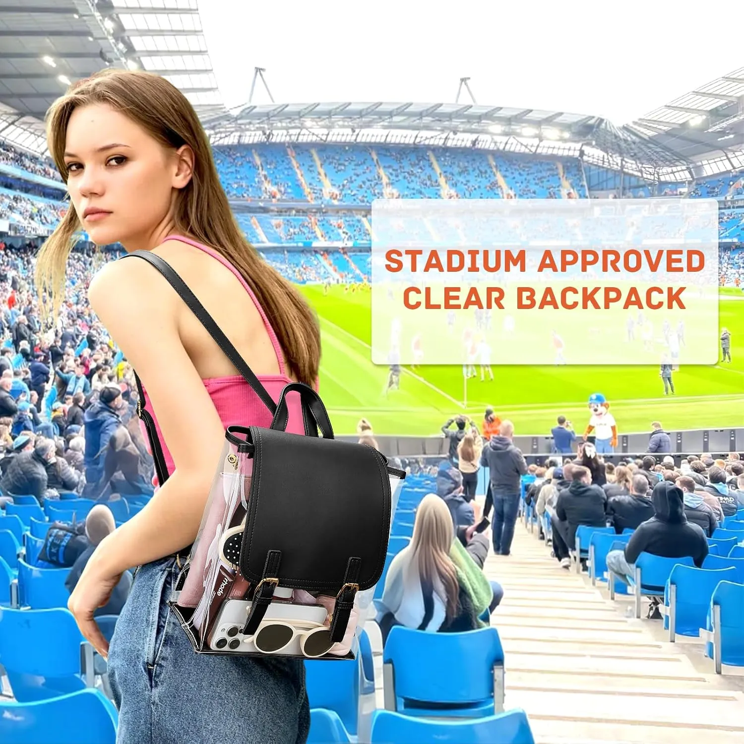 KKXIU Girls Clear Backpack Stadium Approved Transparent PVC Women Clear Bookbag with Leather for Sports Event, Concert (Black)