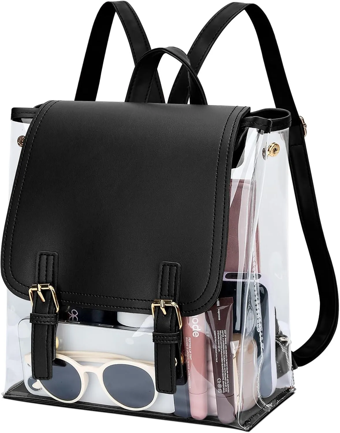 KKXIU Girls Clear Backpack Stadium Approved Transparent PVC Women Clear Bookbag with Leather for Sports Event, Concert (Black)