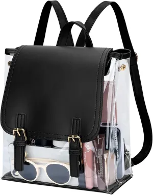 KKXIU Girls Clear Backpack Stadium Approved Transparent PVC Women Clear Bookbag with Leather for Sports Event, Concert (Black)