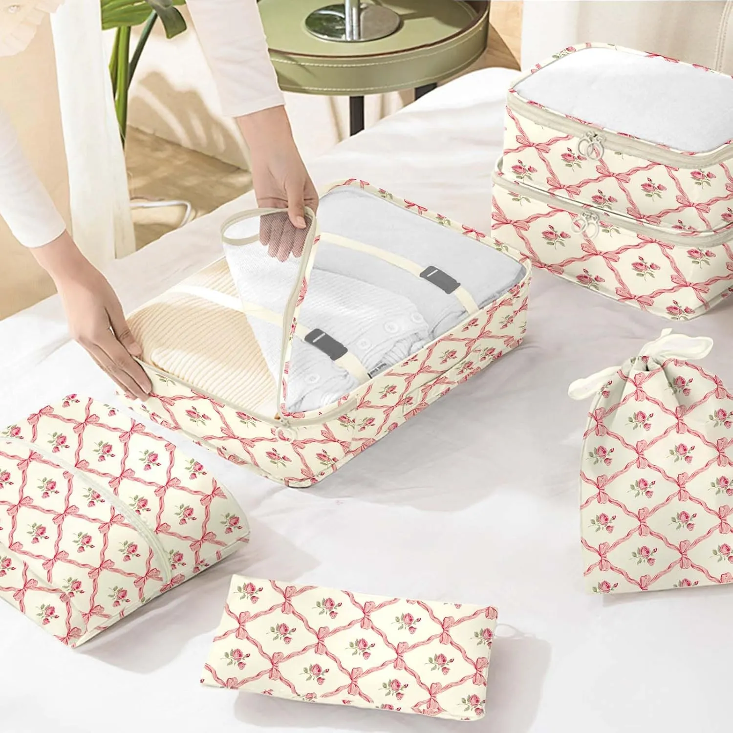 KPX 8 Set Packing Cubes for Travel, Luggage Packing Organizers Accessories Large Toiletries Bag for Clothes Shoes Cosmetics (8Set-Flower & Bow)