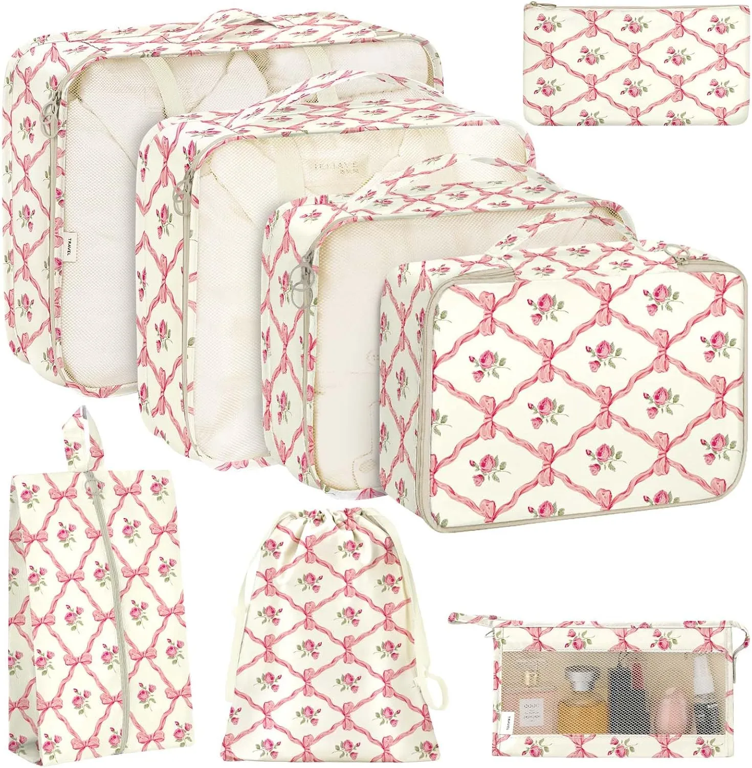 KPX 8 Set Packing Cubes for Travel, Luggage Packing Organizers Accessories Large Toiletries Bag for Clothes Shoes Cosmetics (8Set-Flower & Bow)