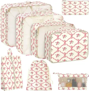 KPX 8 Set Packing Cubes for Travel, Luggage Packing Organizers Accessories Large Toiletries Bag for Clothes Shoes Cosmetics (8Set-Flower & Bow)