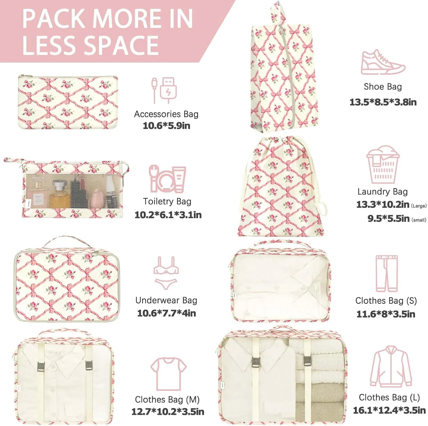 KPX 8 Set Packing Cubes for Travel, Luggage Packing Organizers Accessories Large Toiletries Bag for Clothes Shoes Cosmetics (8Set-Flower & Bow)