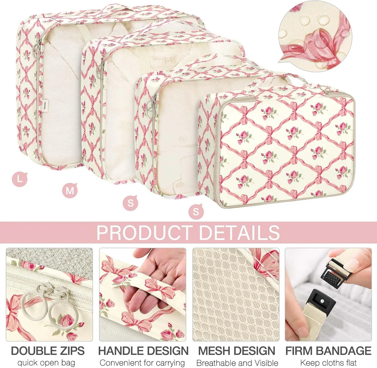 KPX 8 Set Packing Cubes for Travel, Luggage Packing Organizers Accessories Large Toiletries Bag for Clothes Shoes Cosmetics (8Set-Flower & Bow)