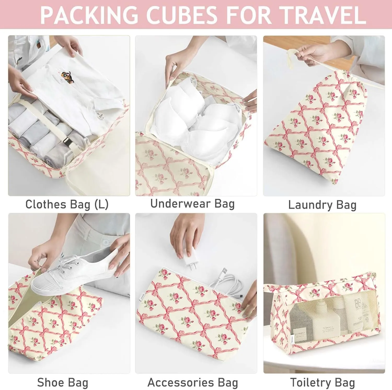KPX 8 Set Packing Cubes for Travel, Luggage Packing Organizers Accessories Large Toiletries Bag for Clothes Shoes Cosmetics (8Set-Flower & Bow)