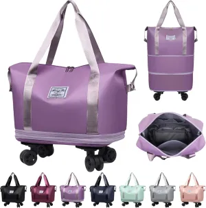 Kulken Travel Bag with Wheels, Large Capacity Travel Bag, Universal Wheel Removable, Expandable Foldable Duffle Bag, Rolling with Wheels (Purple)