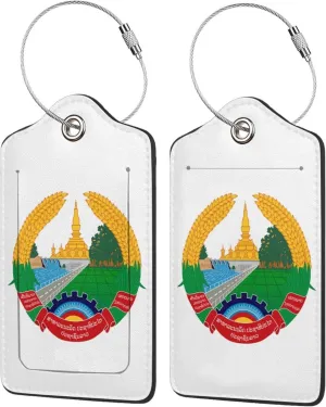 Laos National Emblem Luggage Tags Pu Leather with Privacy Cover Label Address Card and Durable Metal Ring Suitable for Men Women Handbags Backpacks