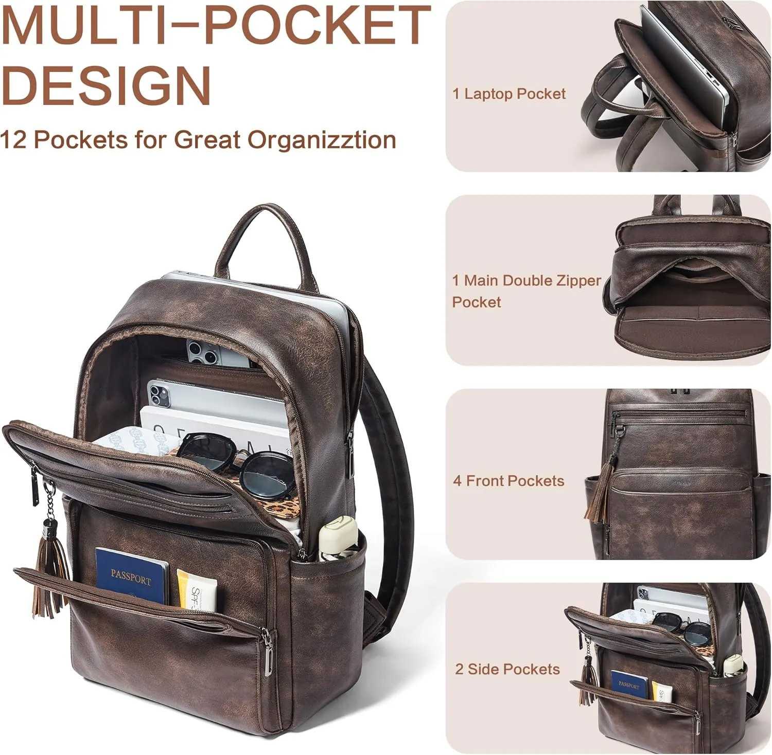 Laptop Backpack for Women 15.6 inch Laptop Leather Backpack Fashion Computer Backpacks for Work Travel College
